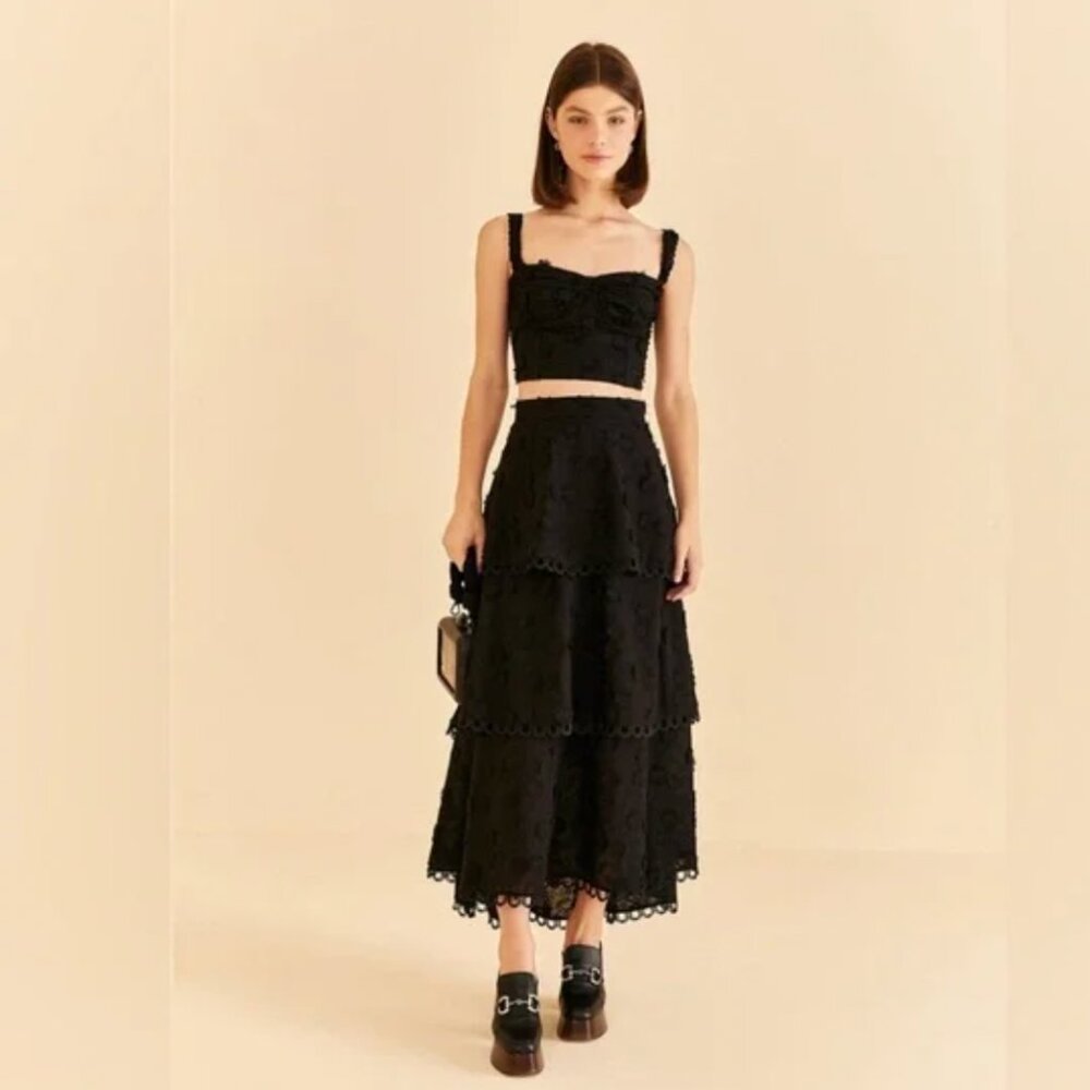 NWT Farm Rio Black 3d Flower Tiered Maxi Skirt Size Small